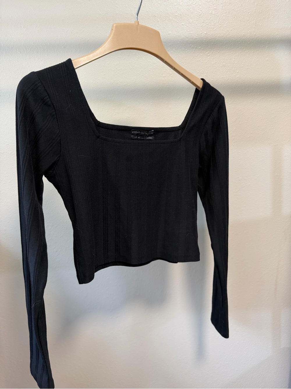 Urban Outfitters Black Ribbed Square Neck Long Sleeve Crop Top Size Large